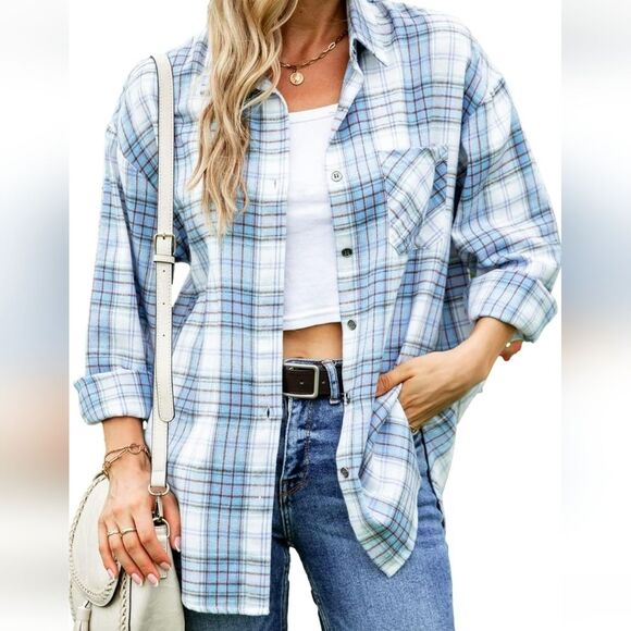 Tiko Miko flannel blouse, light blue & white plaid, button down front, M - Picture 1 of 11